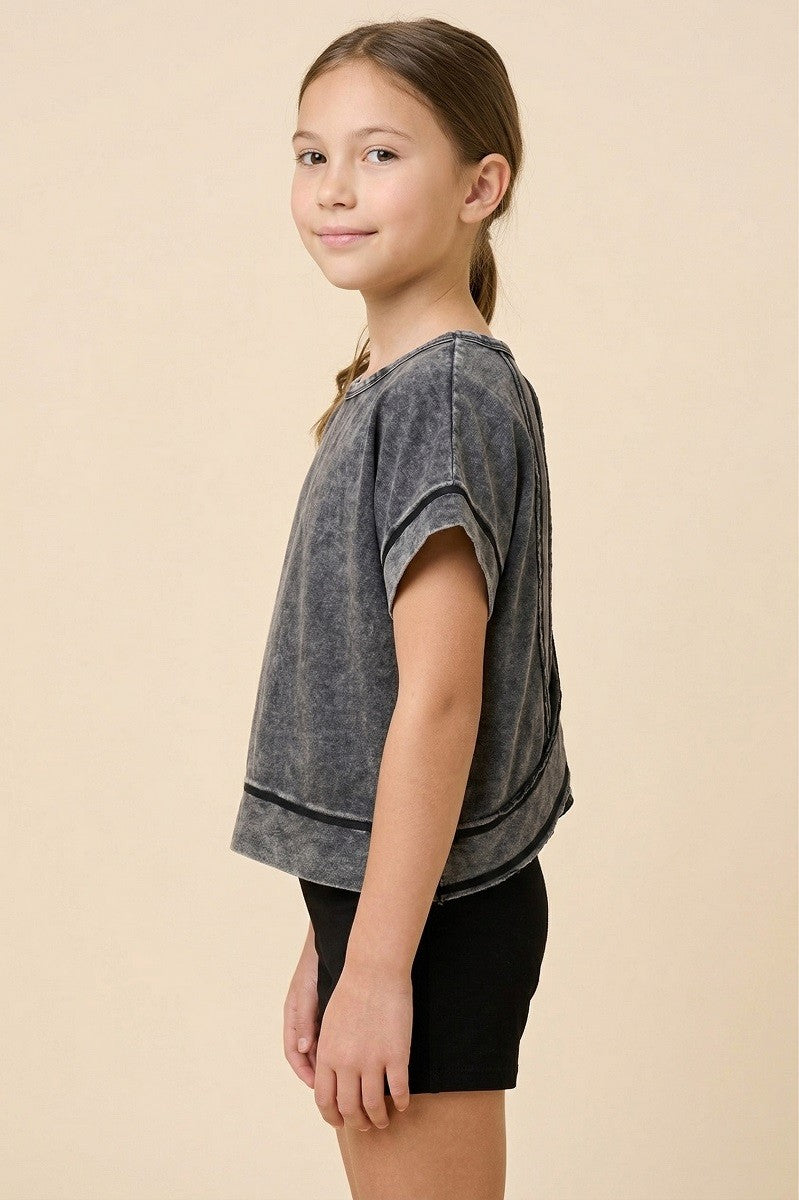 Girls Black Open Tulip Back Washed Knit Tee