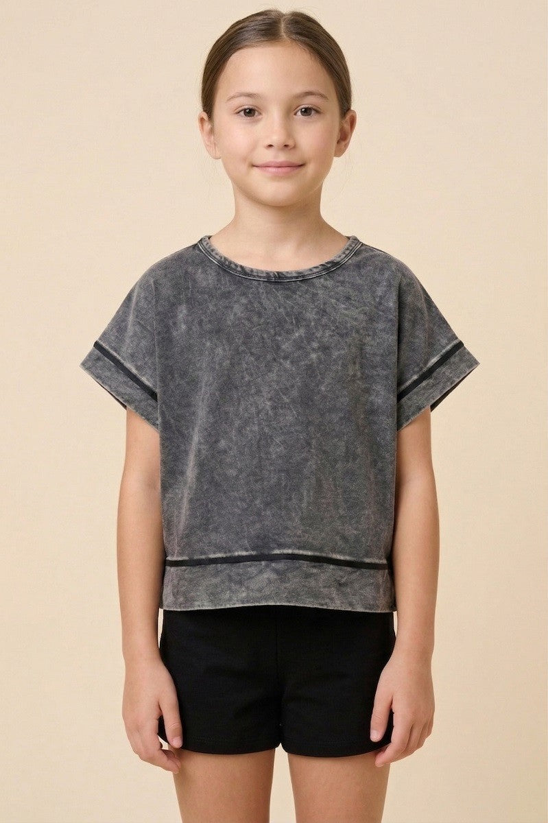 Girls Black Open Tulip Back Washed Knit Tee