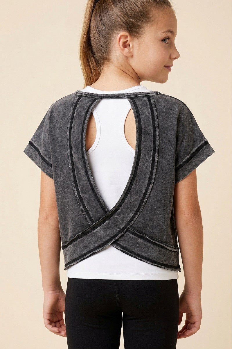 Girls Black Open Tulip Back Washed Knit Tee