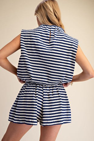 Navy Striped Mock Neck Bubble Top & Short Set