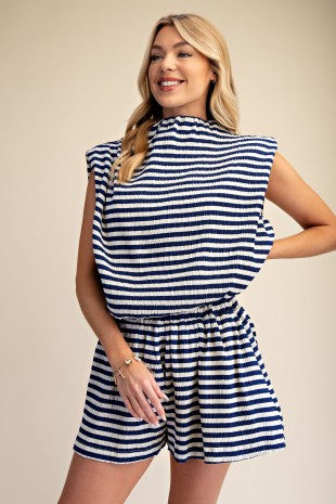 Navy Striped Mock Neck Bubble Top & Short Set