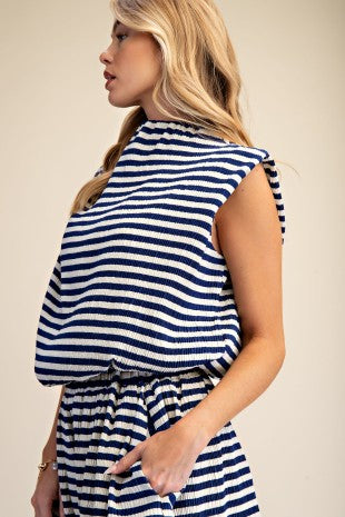 Navy Striped Mock Neck Bubble Top & Short Set
