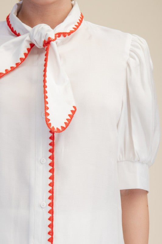 Top Stitch Neck Tie Puff Sleeve Blouse