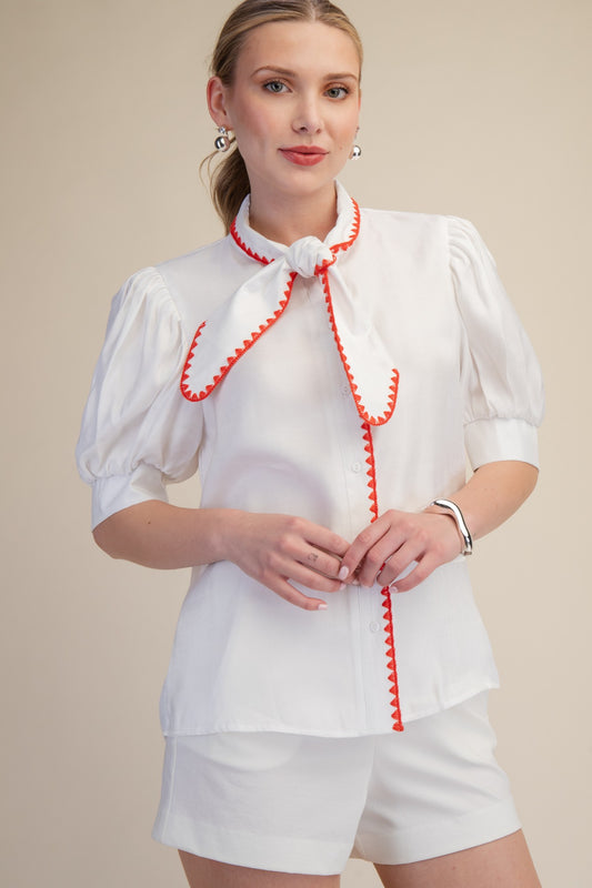 Top Stitch Neck Tie Puff Sleeve Blouse