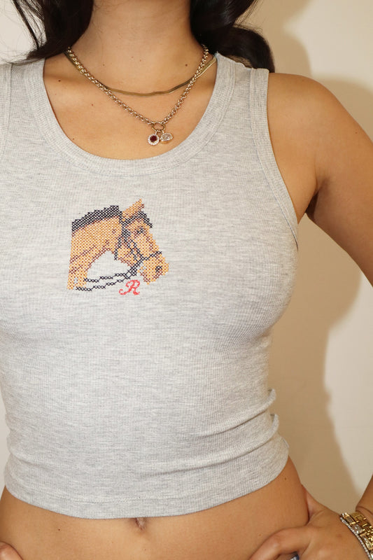 Grey Horse Embroidered Ribbed Tank Top