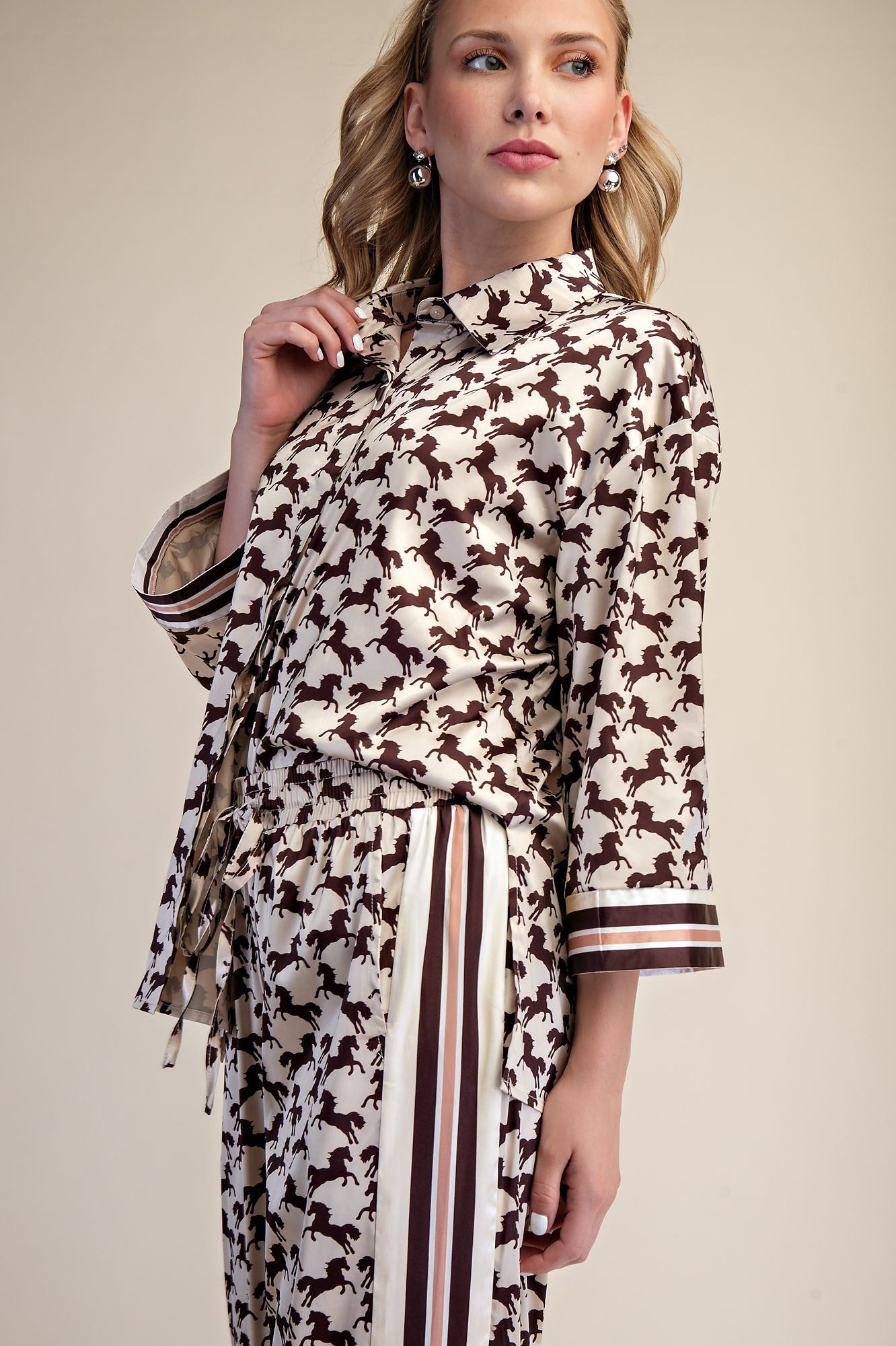 Horse Print Top & Pant Set- Cream & Brown