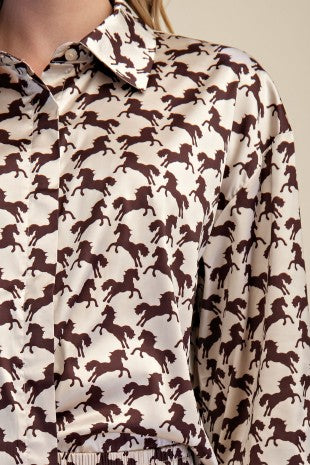 Horse Print Top & Pant Set- Cream & Brown