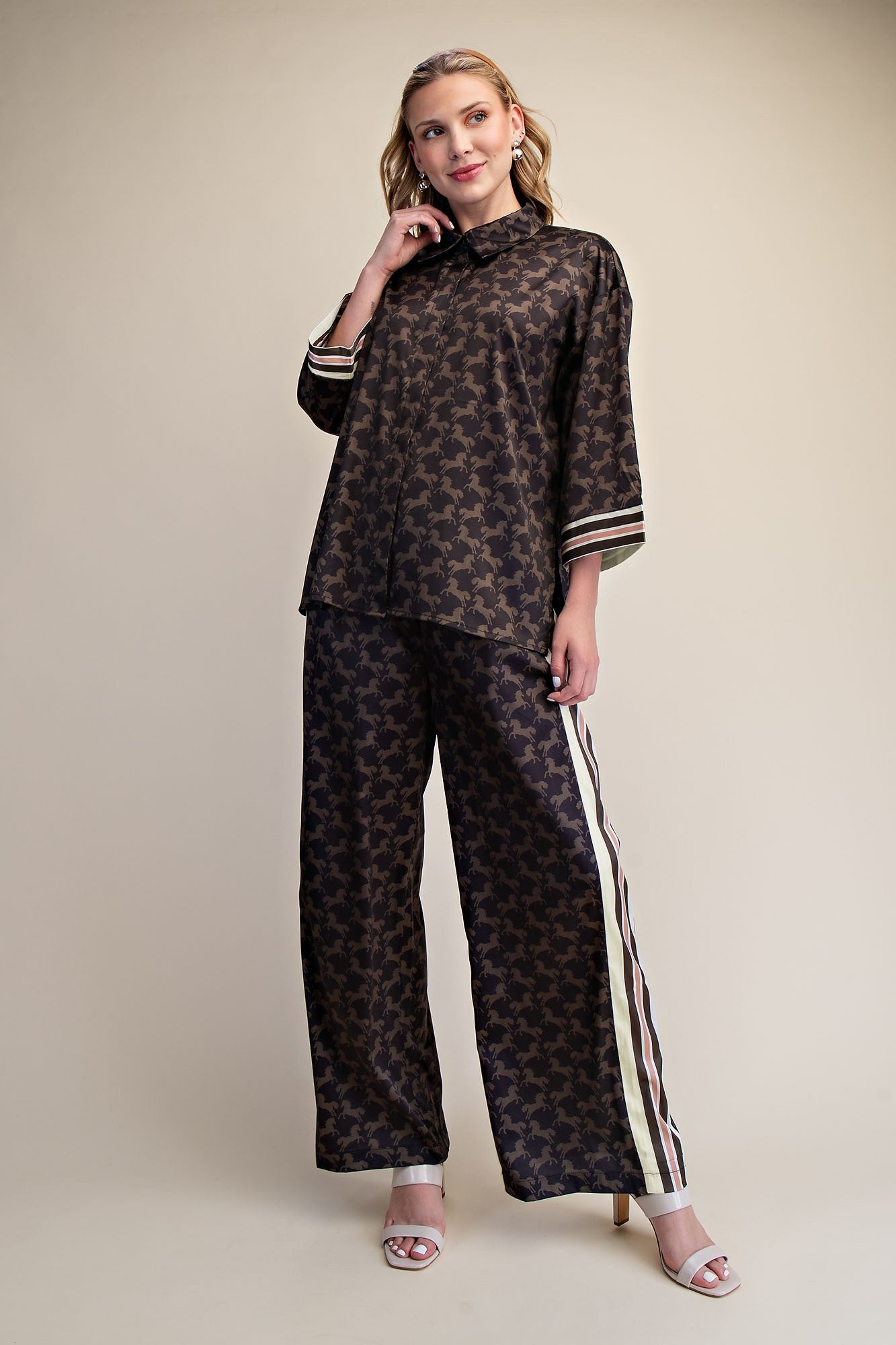 Horse Print Top & Pant Set- Black & Olive