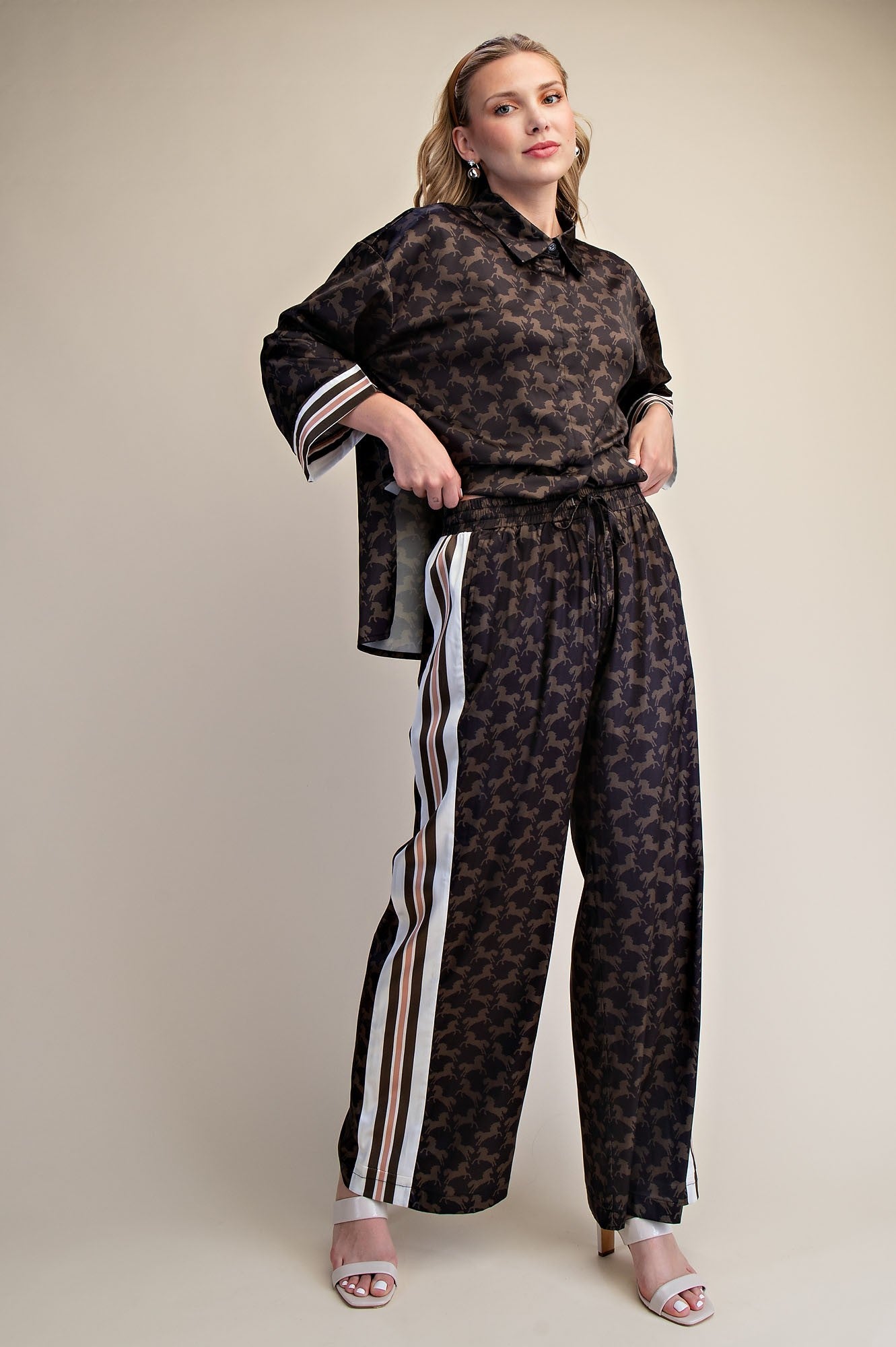 Horse Print Top & Pant Set- Black & Olive