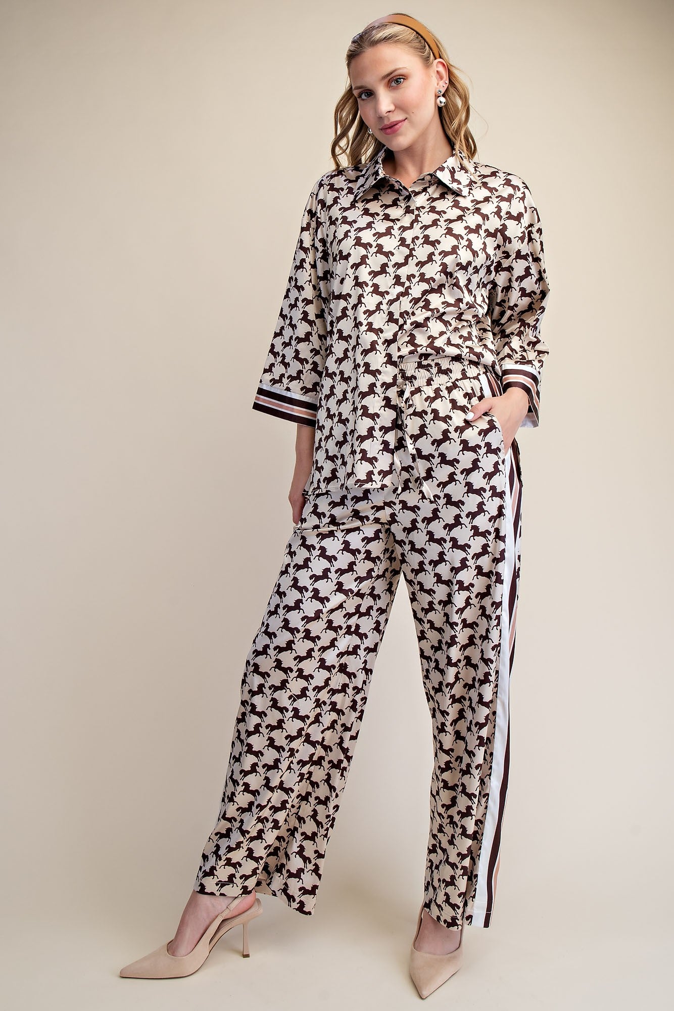 Horse Print Top & Pant Set- Cream & Brown