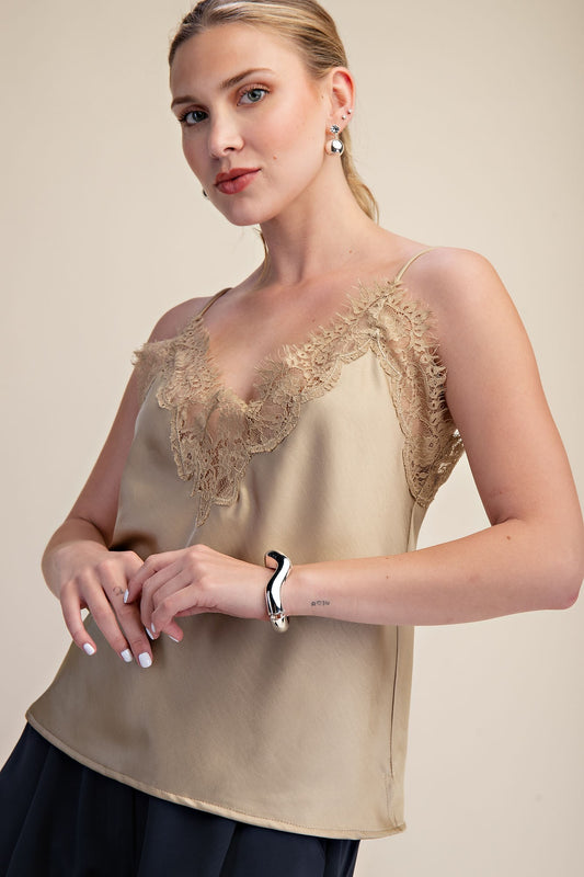 V-Neckline Lace Satin Cami Top