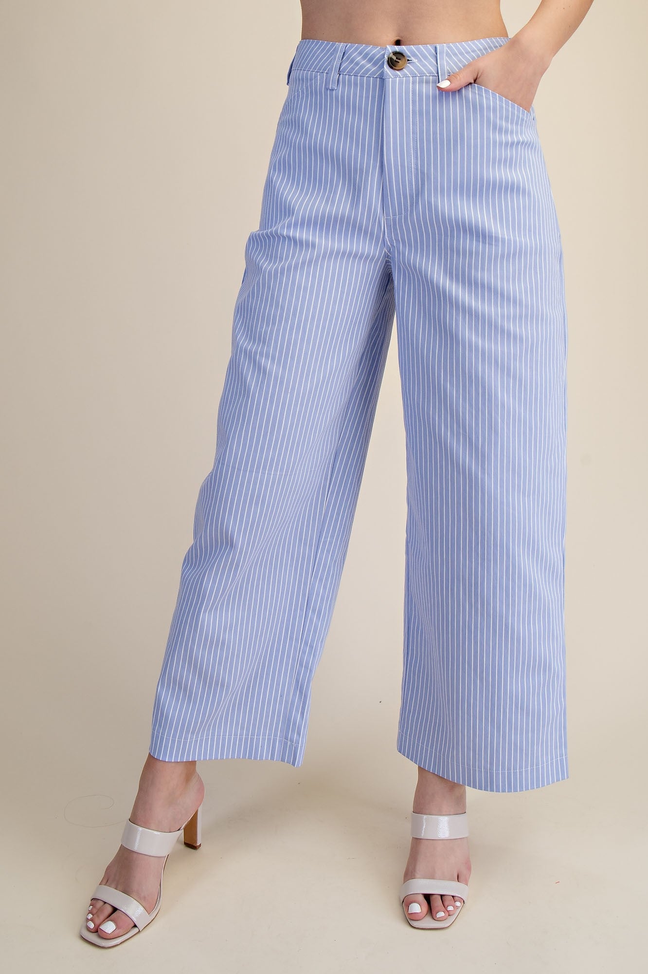 High Waist Barrel Leg Stripe Casual Pants- Sky Blue