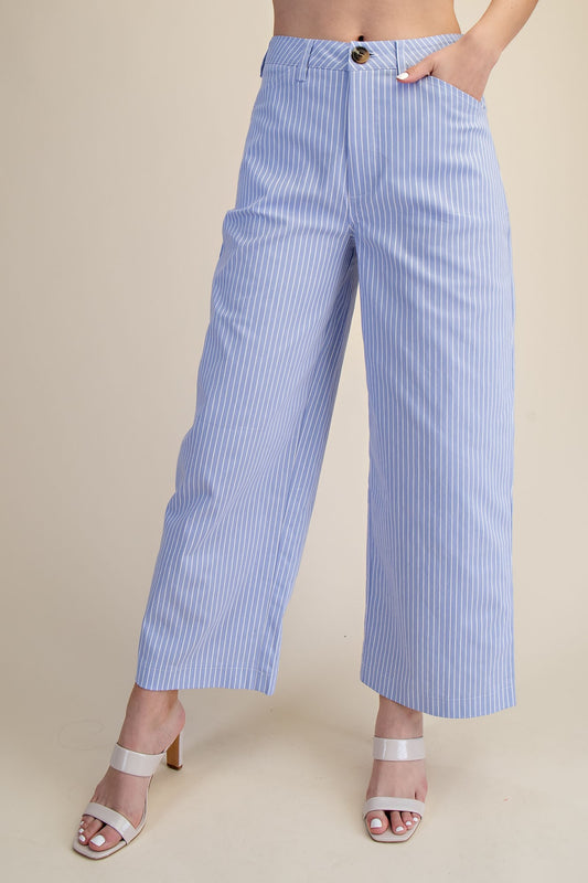 High Waist Barrel Leg Stripe Casual Pants- Sky Blue
