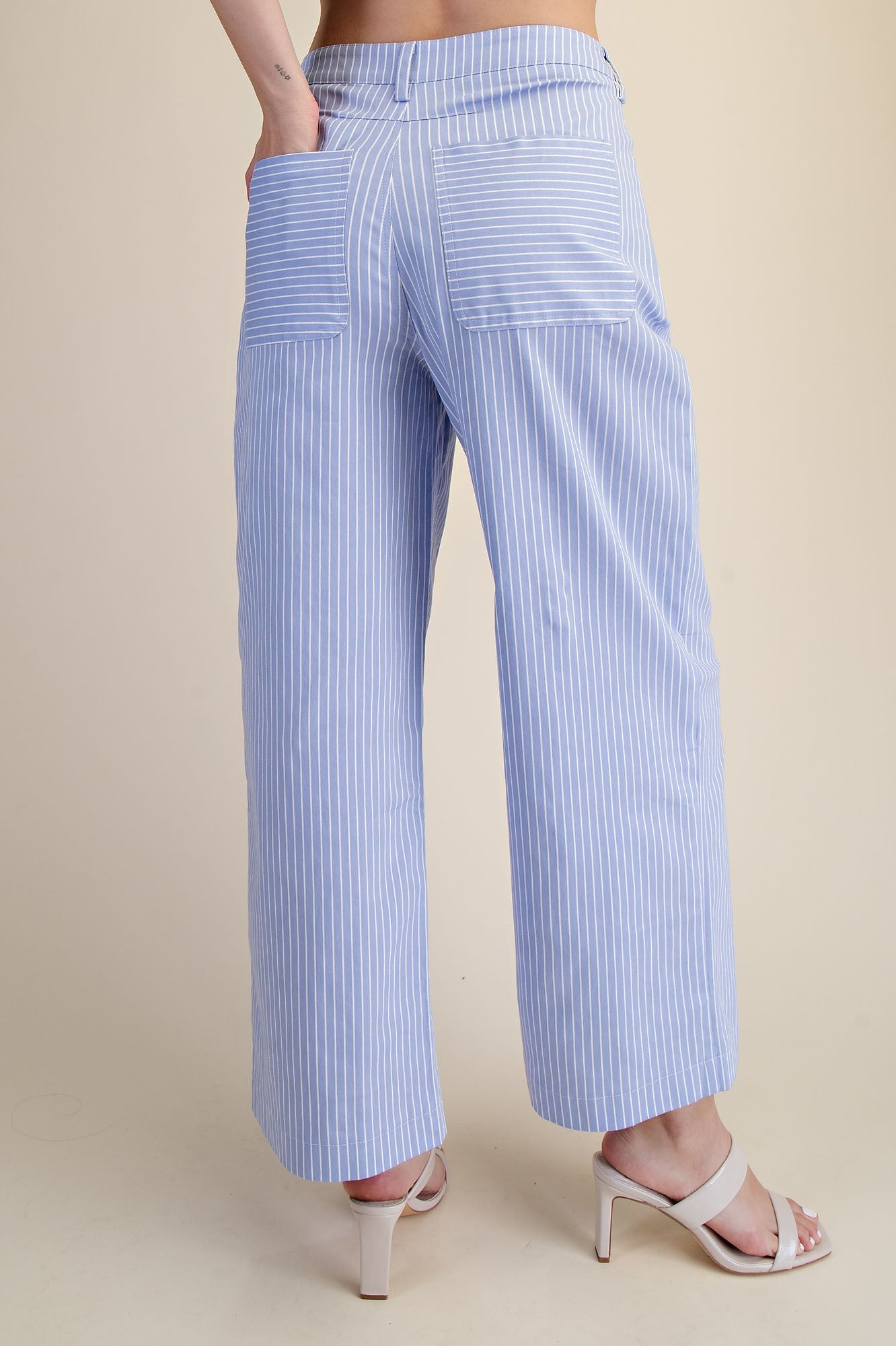 High Waist Barrel Leg Stripe Casual Pants- Sky Blue