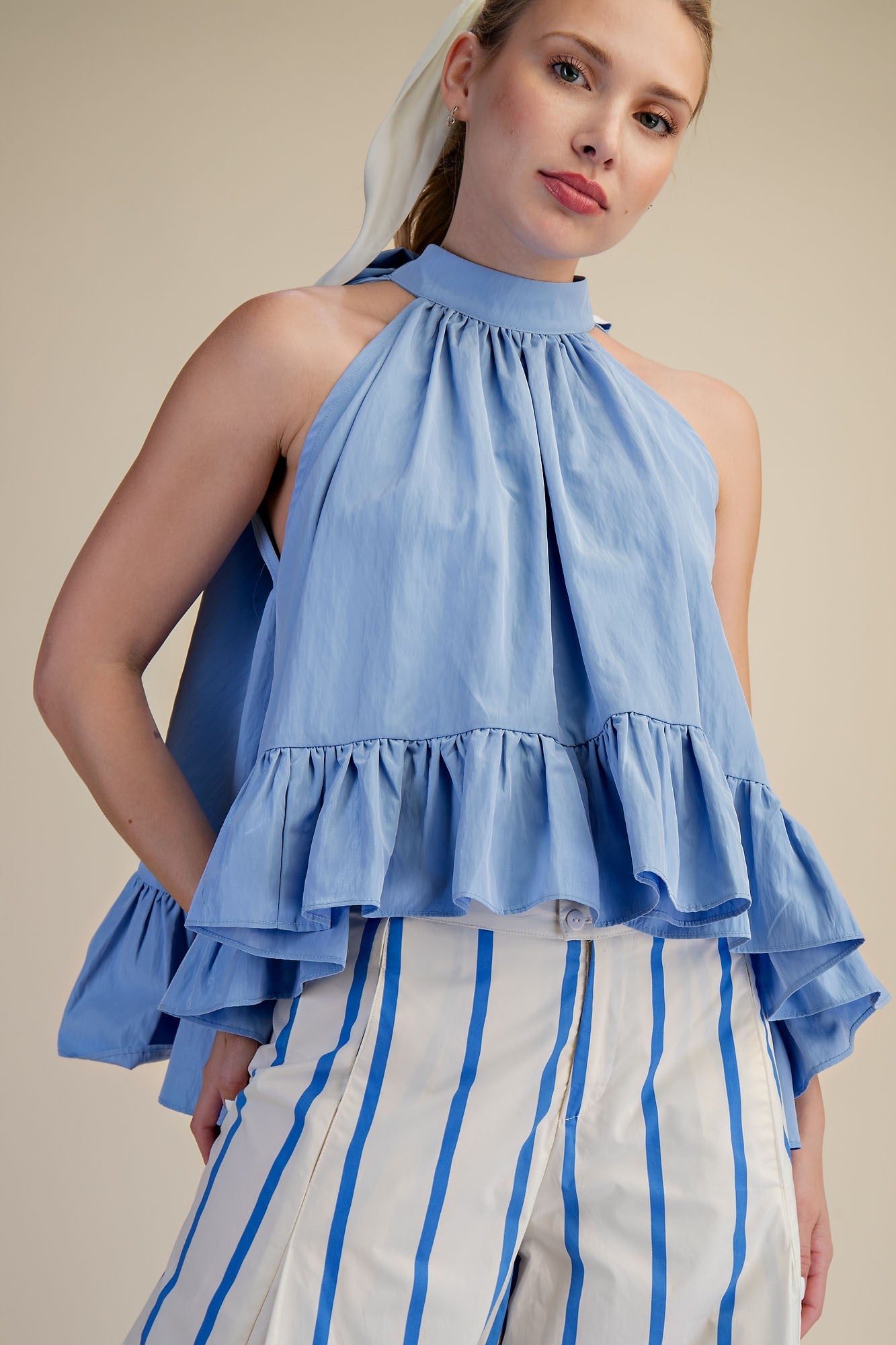 Halter Neck Sleeveless Back Neck Tie Ruffle Top