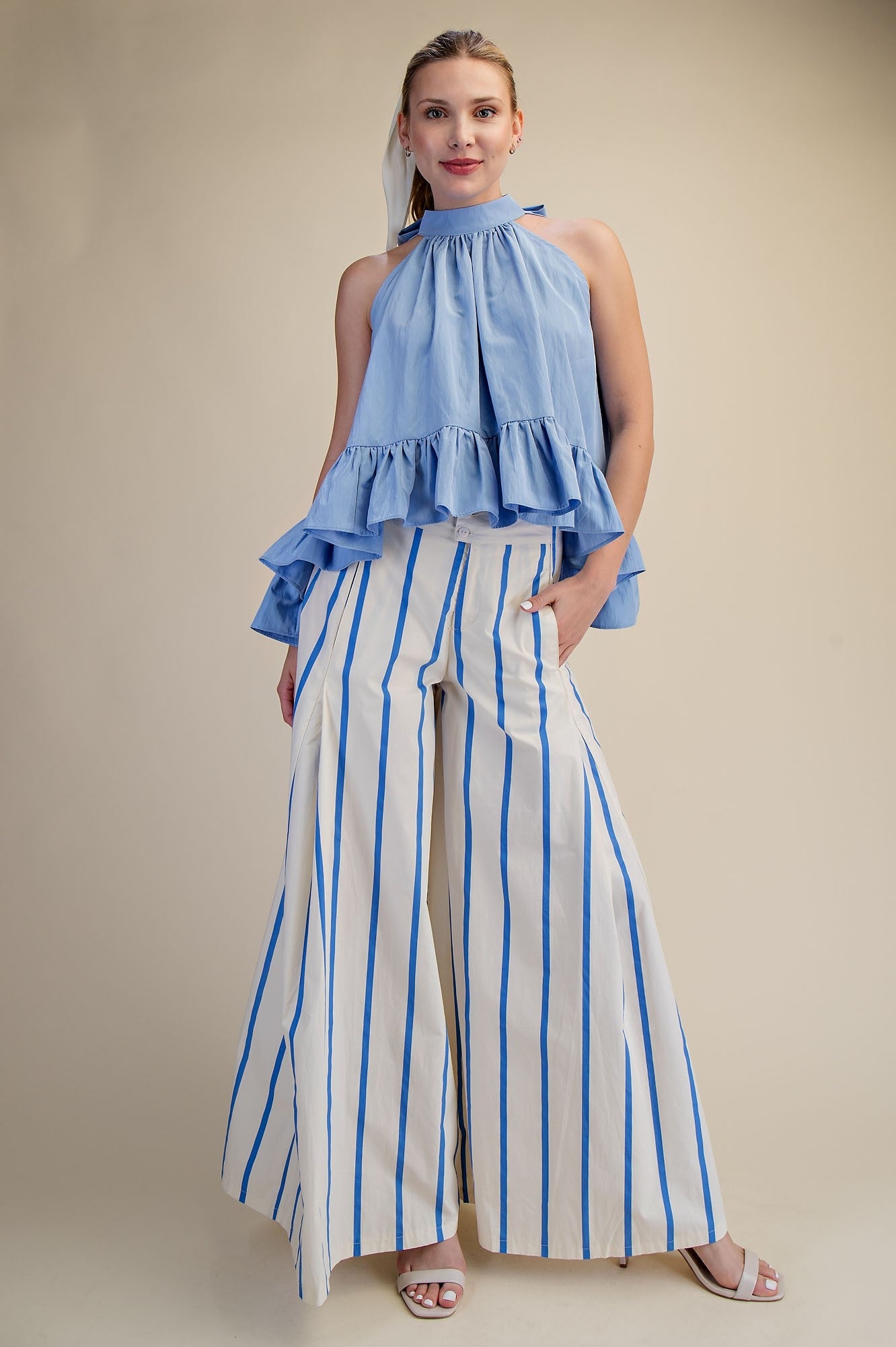 Halter Neck Sleeveless Back Neck Tie Ruffle Top