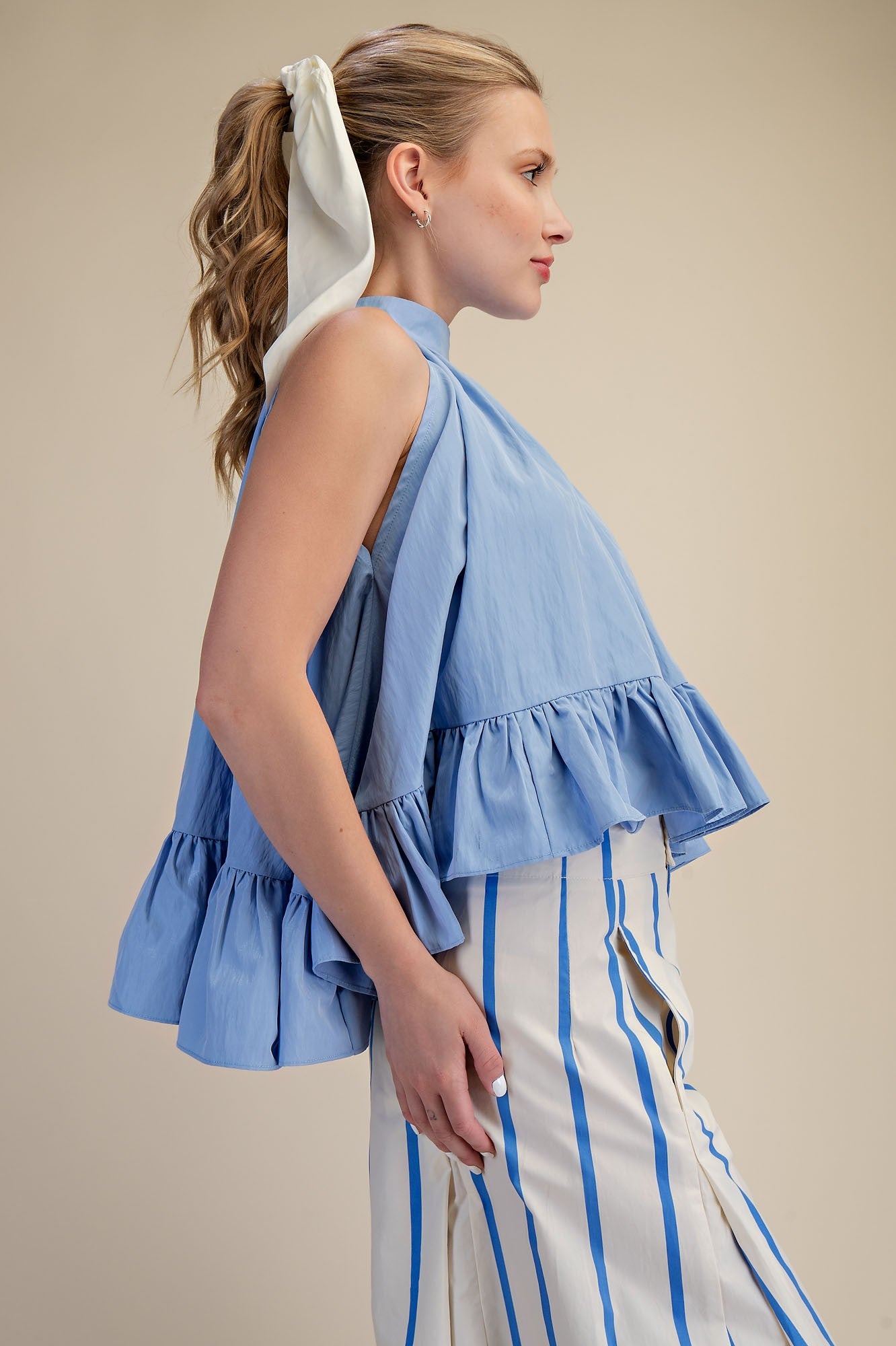 Halter Neck Sleeveless Back Neck Tie Ruffle Top