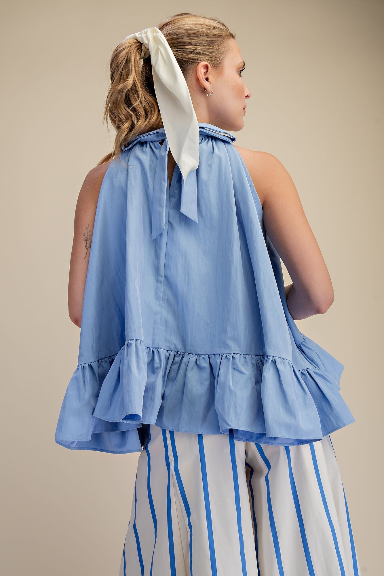 Halter Neck Sleeveless Back Neck Tie Ruffle Top