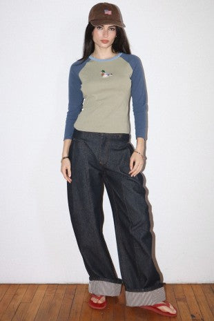 Dark Denim Wide Leg Striped Cuff Jean