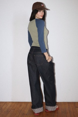 Dark Denim Wide Leg Striped Cuff Jean