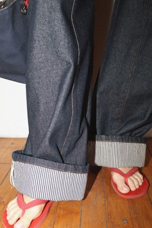 Dark Denim Wide Leg Striped Cuff Jean