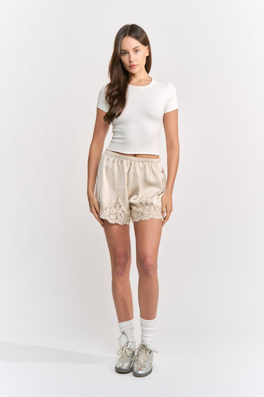Satin Mini Shorts Lace Detail
