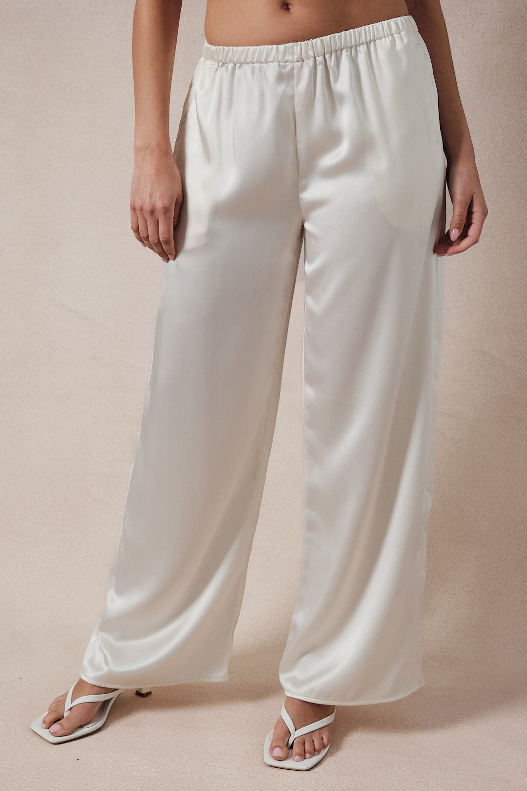 Ivory Satin Wide Leg Pants with Pockets