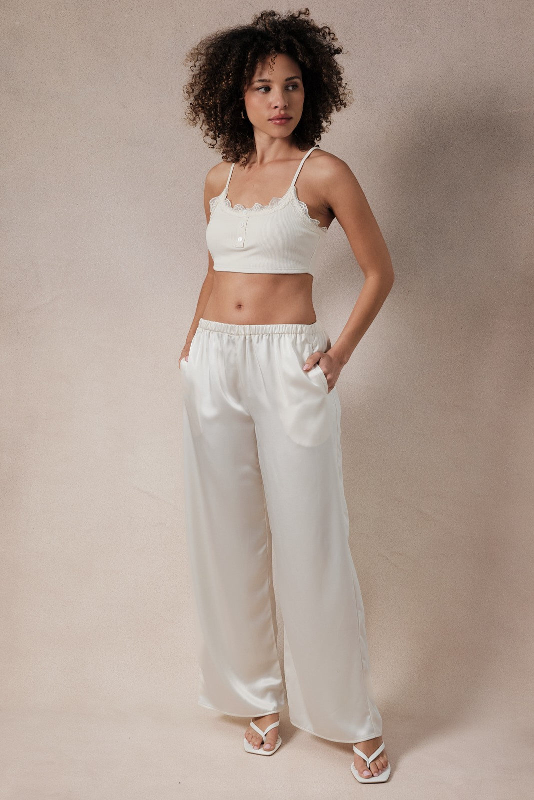 Ivory Satin Wide Leg Pants with Pockets