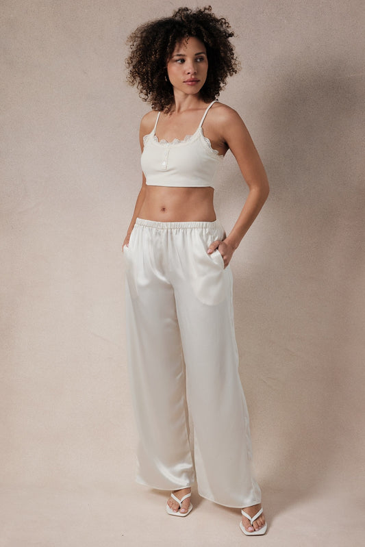 Ivory Satin Wide Leg Pants with Pockets