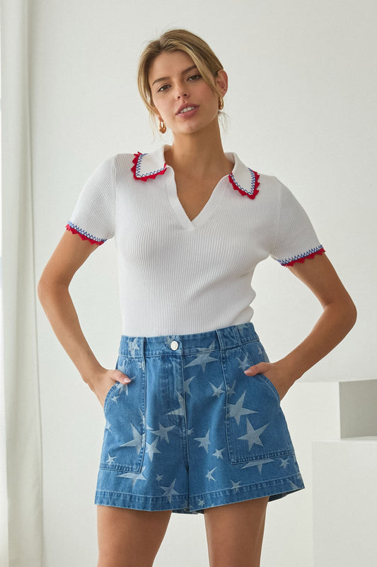 Contrast Trim Ribbed Polo Top