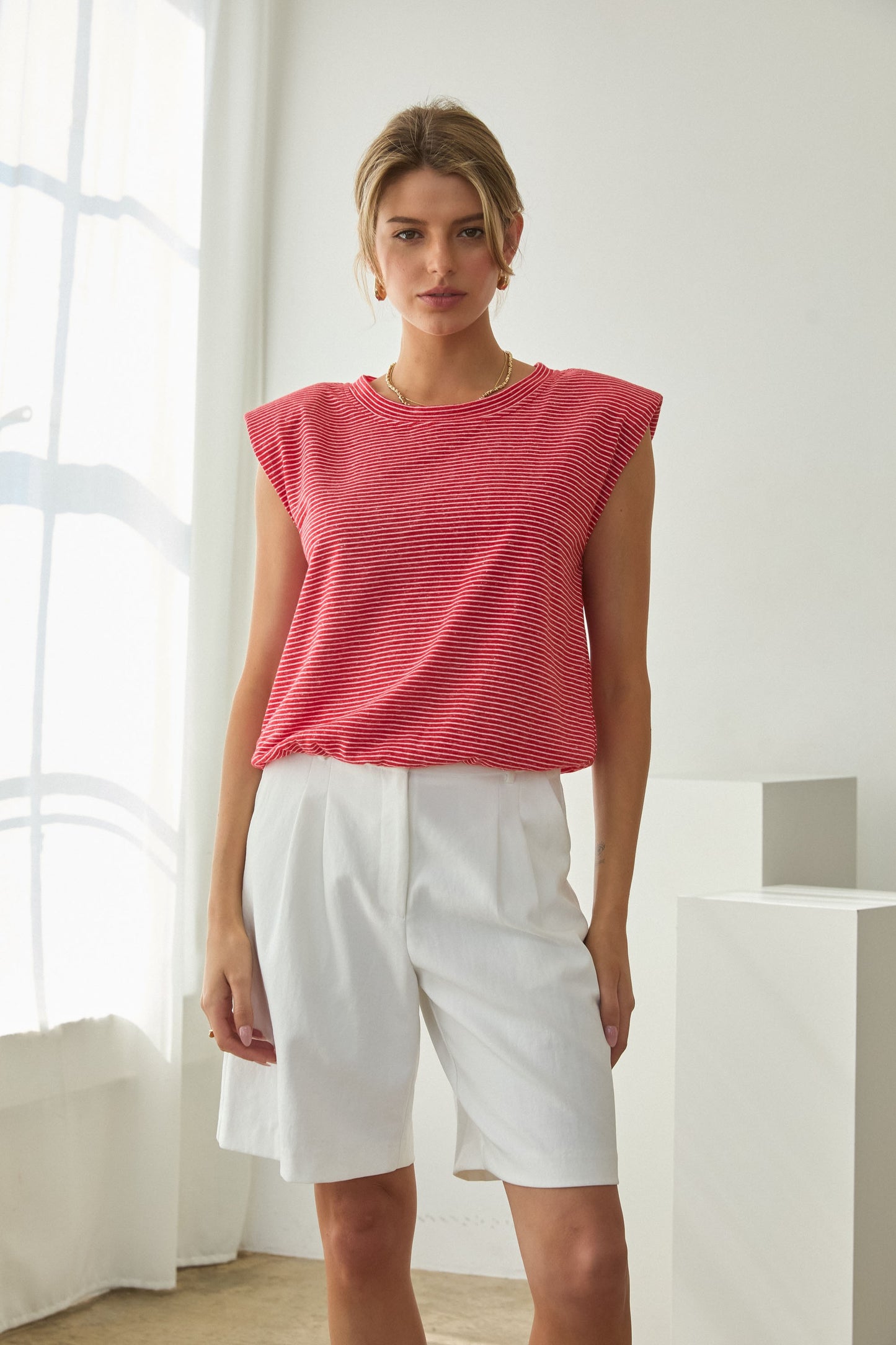 Red Striped Bubble Hem Sleeveless Top