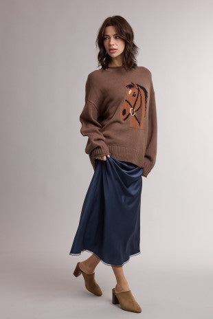 Horse Graphic Rolled Neck Sweater- Espresso