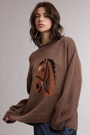 Horse Graphic Rolled Neck Sweater- Espresso