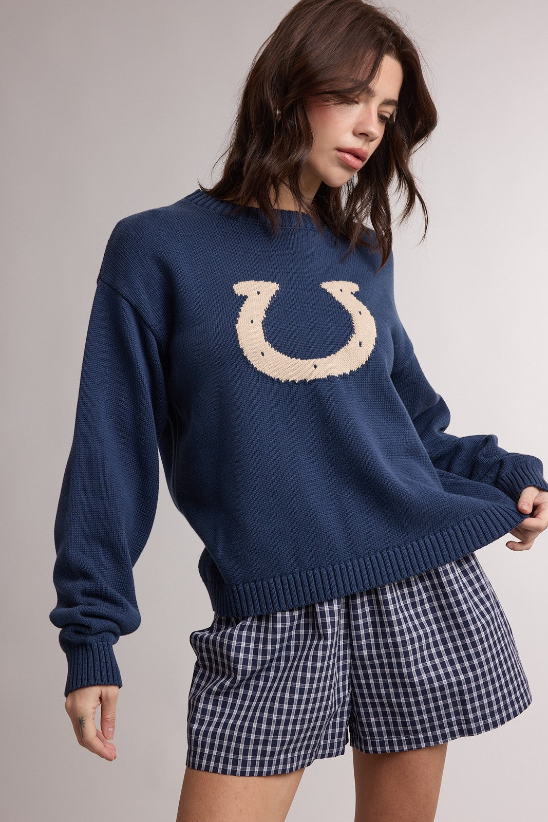 Western Horseshoe Graphic Cozy Sweater- Navy