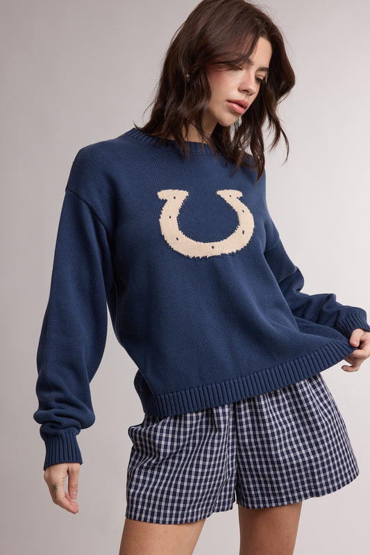 Western Horseshoe Graphic Cozy Sweater- Navy
