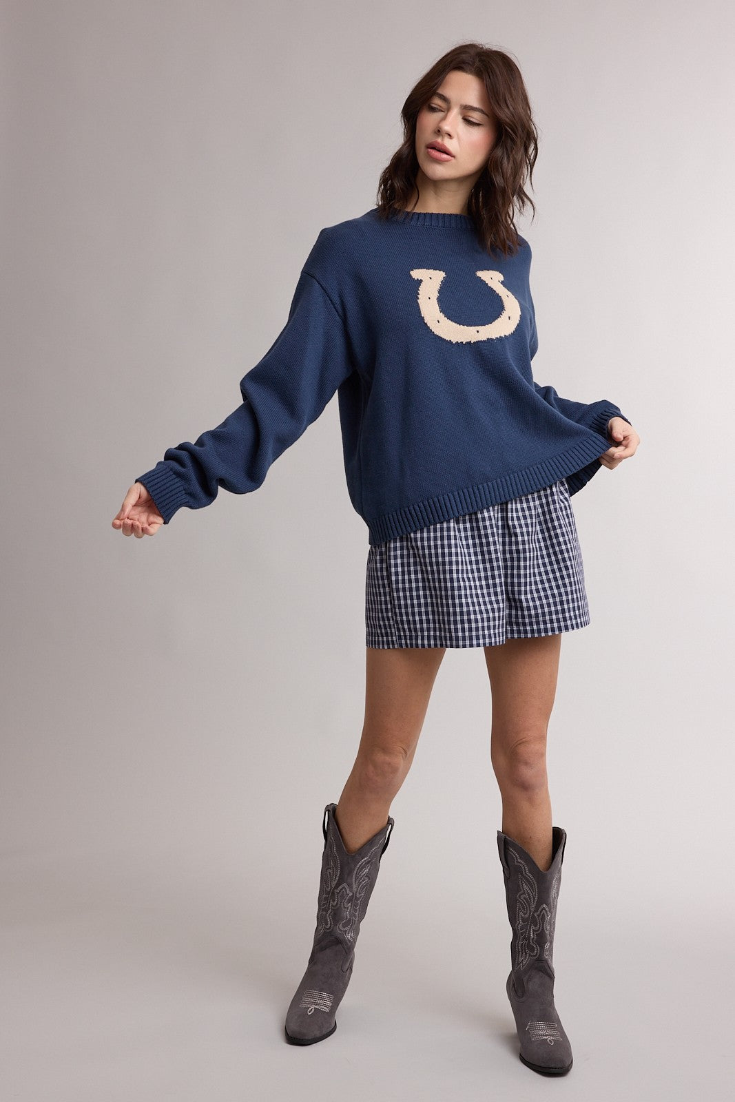 Western Horseshoe Graphic Cozy Sweater- Navy