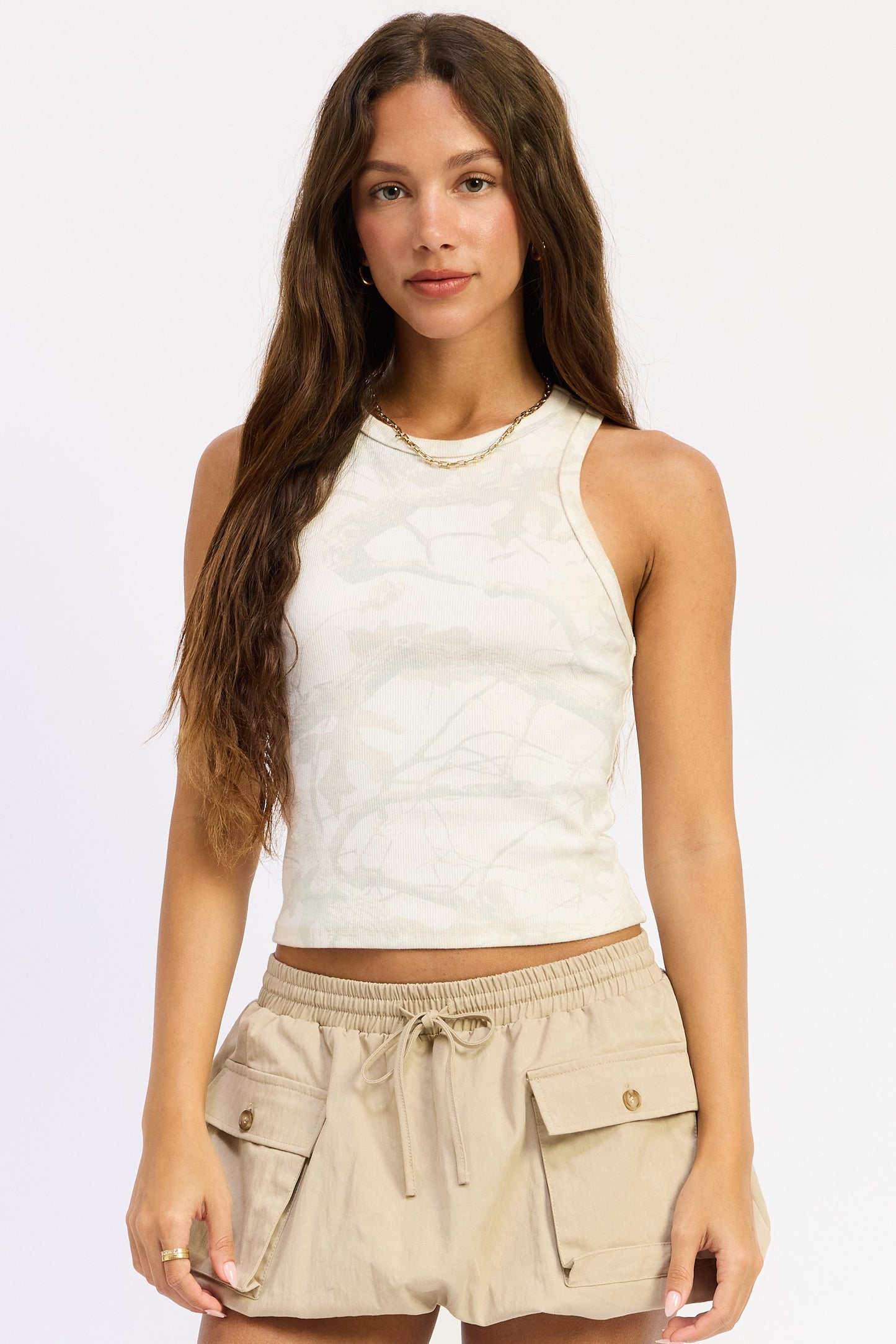 Cream Camo Racer Back Tank Top