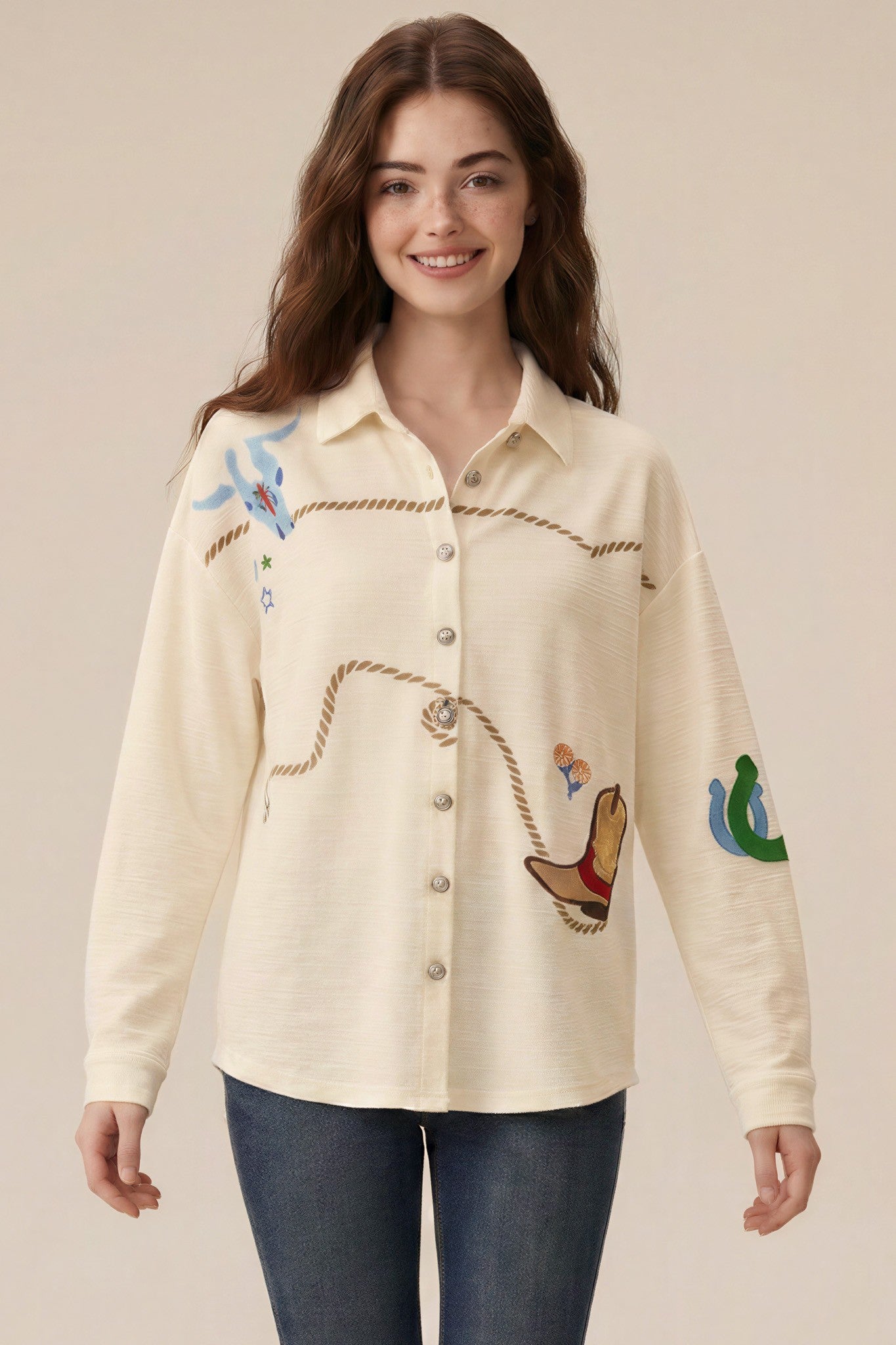 Western & Rope Embroidered Button Down Top