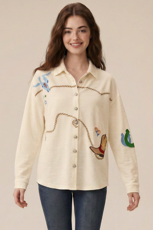 Western & Rope Embroidered Button Down Top
