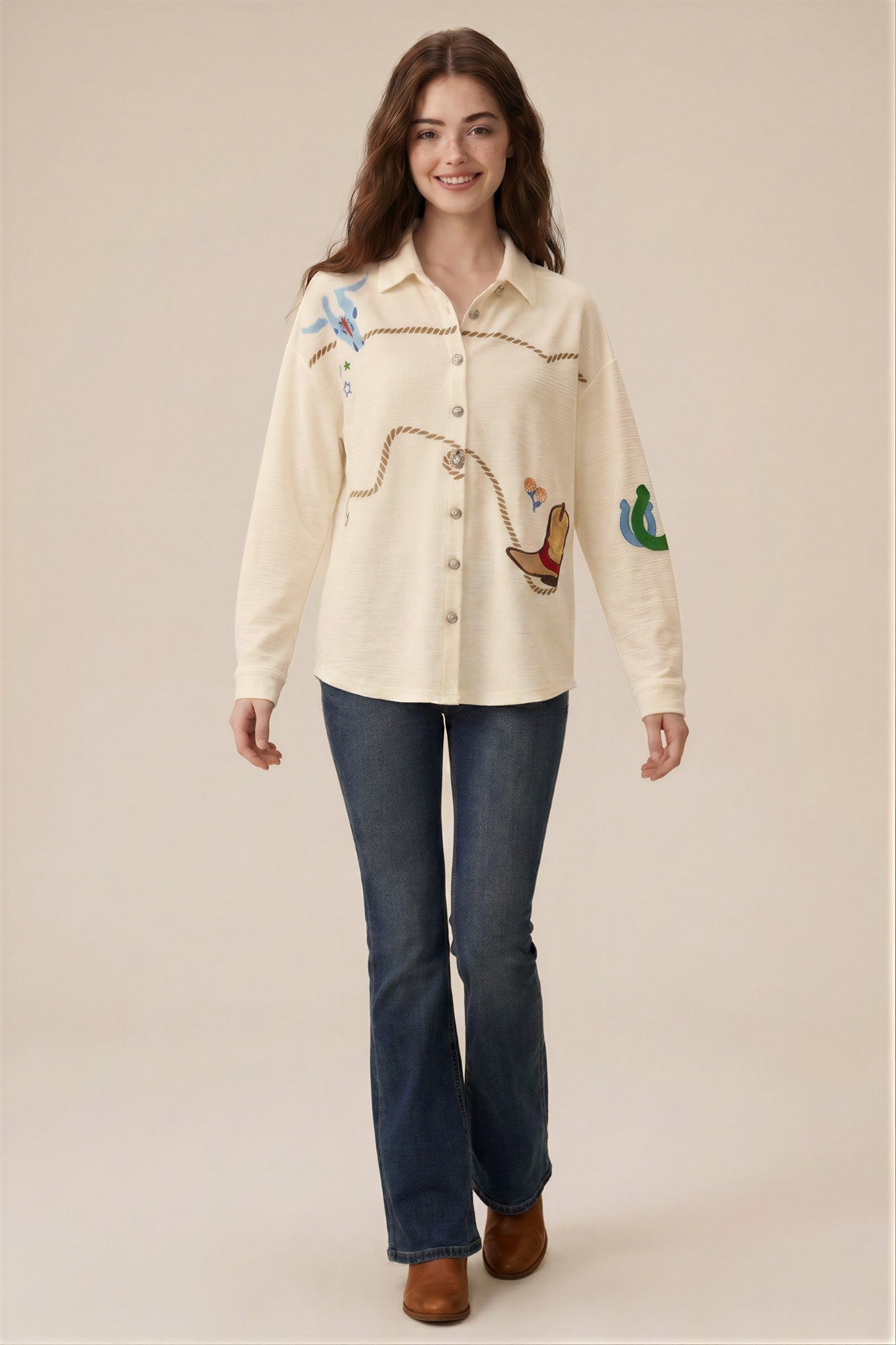 Western & Rope Embroidered Button Down Top