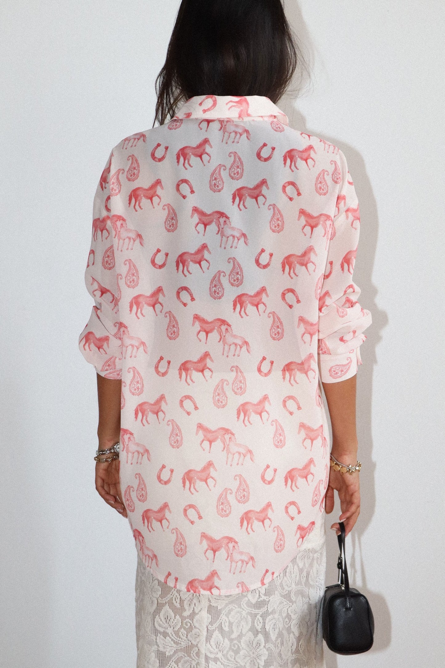 Almond & Pink Horse Print Button Down Top
