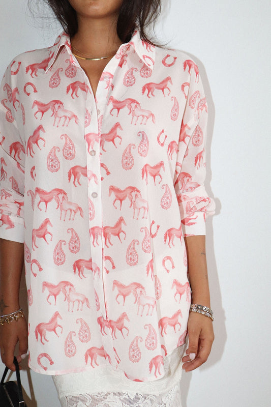 Almond & Pink Horse Print Button Down Top