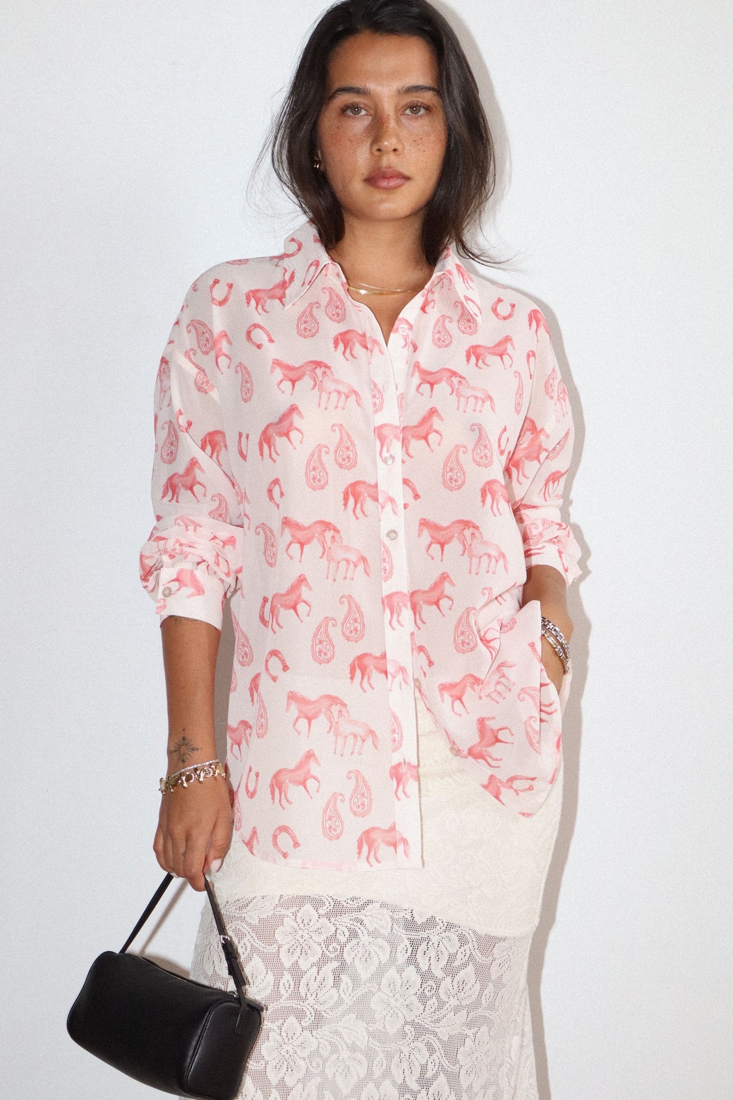 Almond & Pink Horse Print Button Down Top