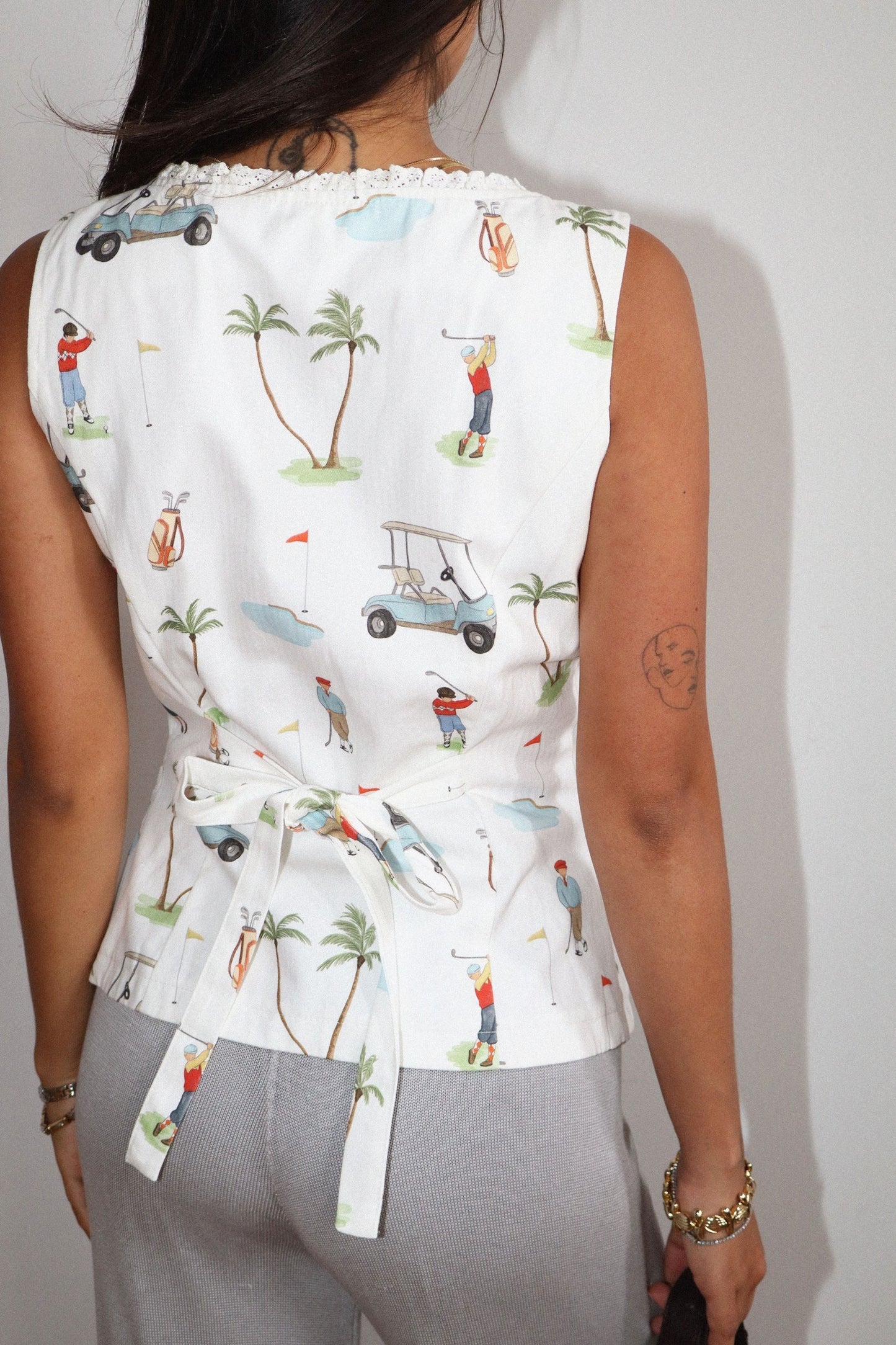 Golf Print Lace Trimmed Sleeveless Top