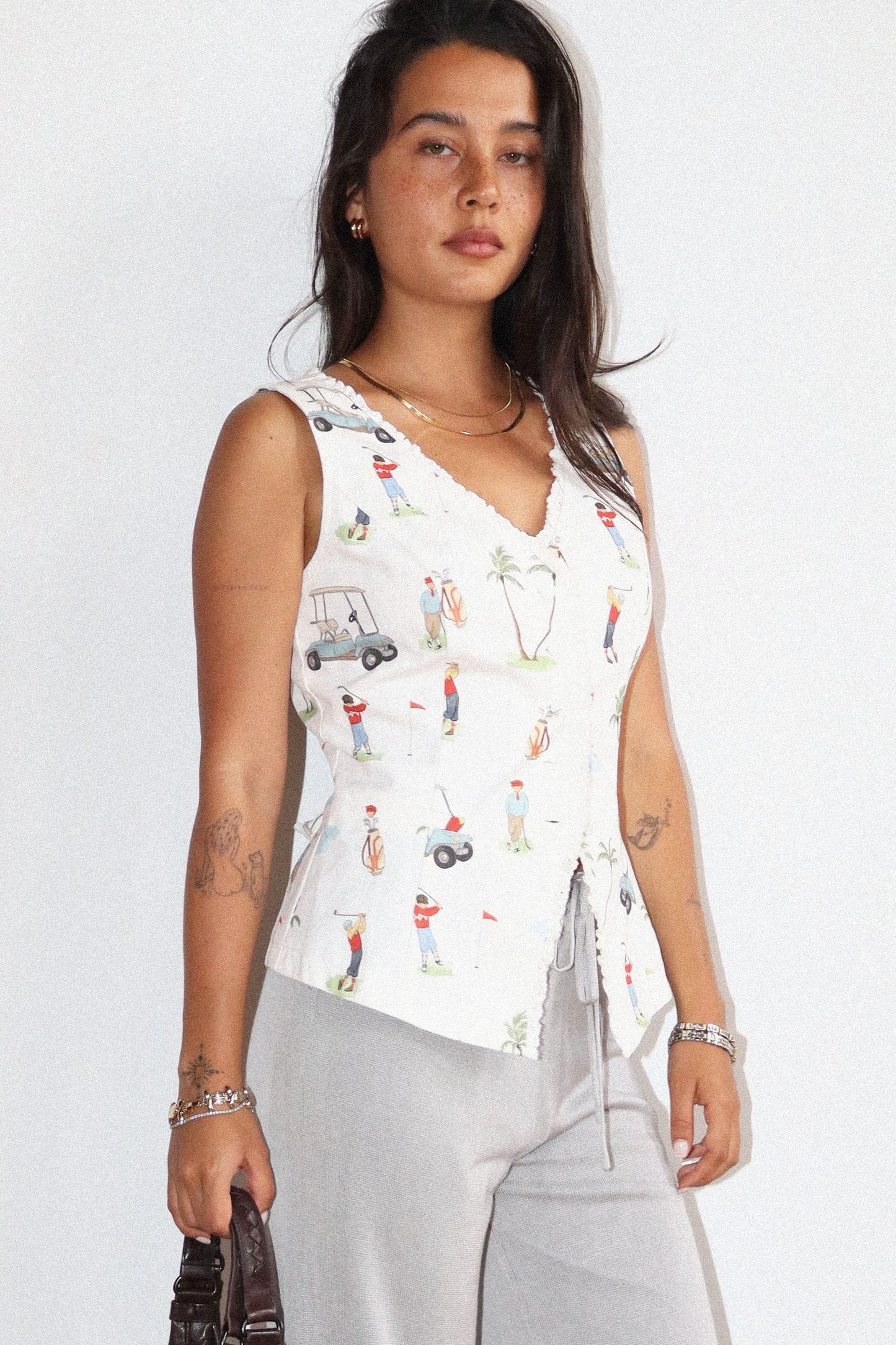Golf Print Lace Trimmed Sleeveless Top