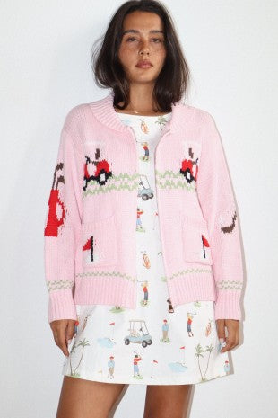Hole in One Intarsia Zip Pink Sweater