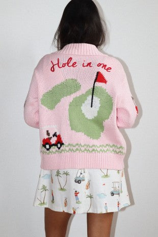 Hole in One Intarsia Zip Pink Sweater