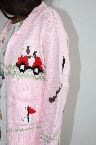 Hole in One Intarsia Zip Pink Sweater