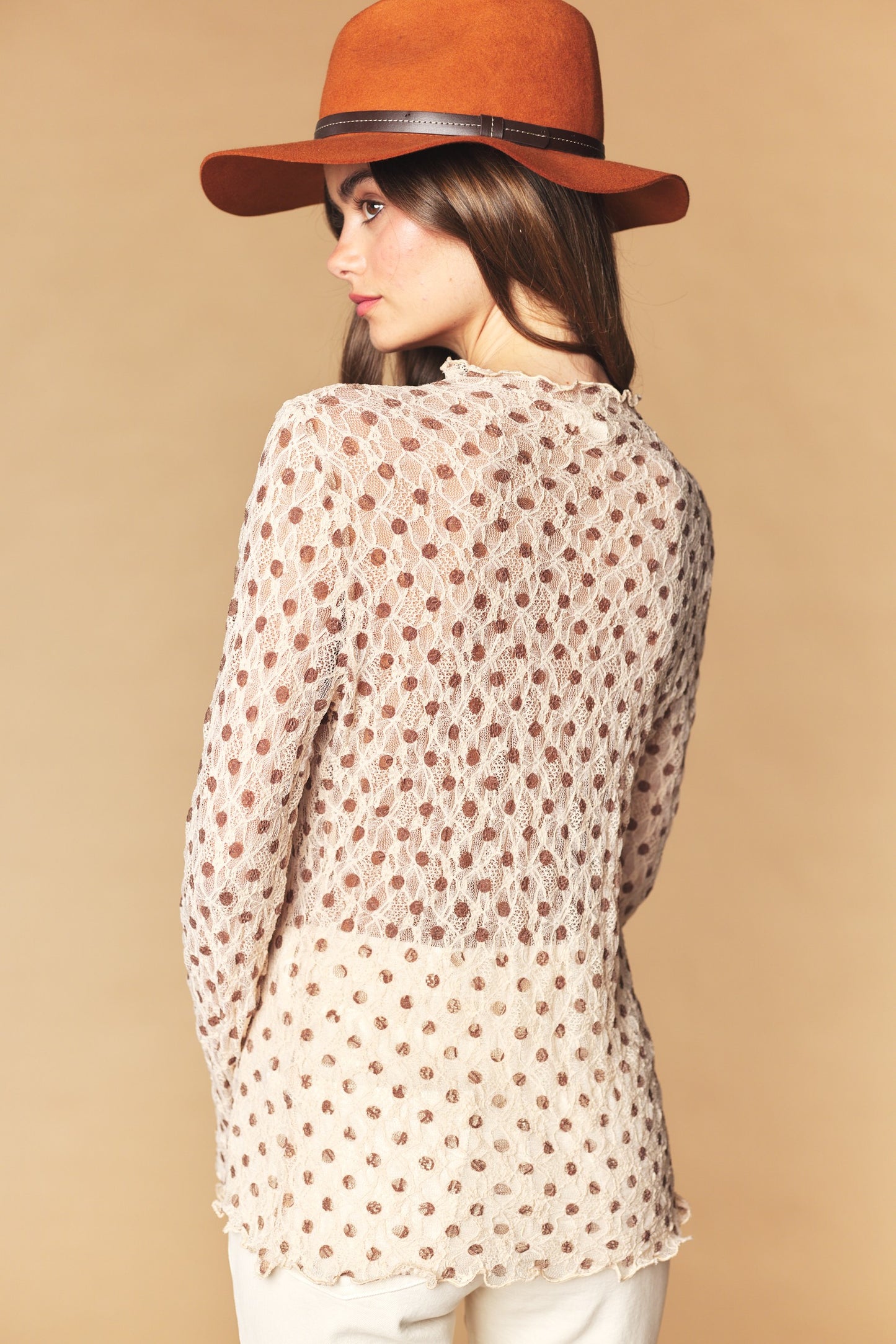 Taupe Dot Mesh Sheer Long Sleeve Top