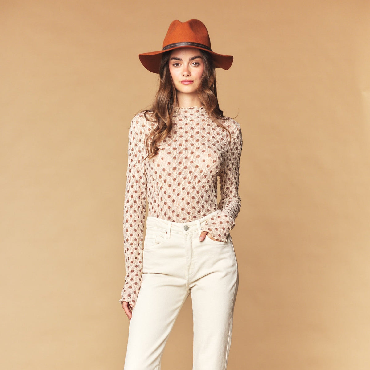 Taupe Dot Mesh Sheer Long Sleeve Top